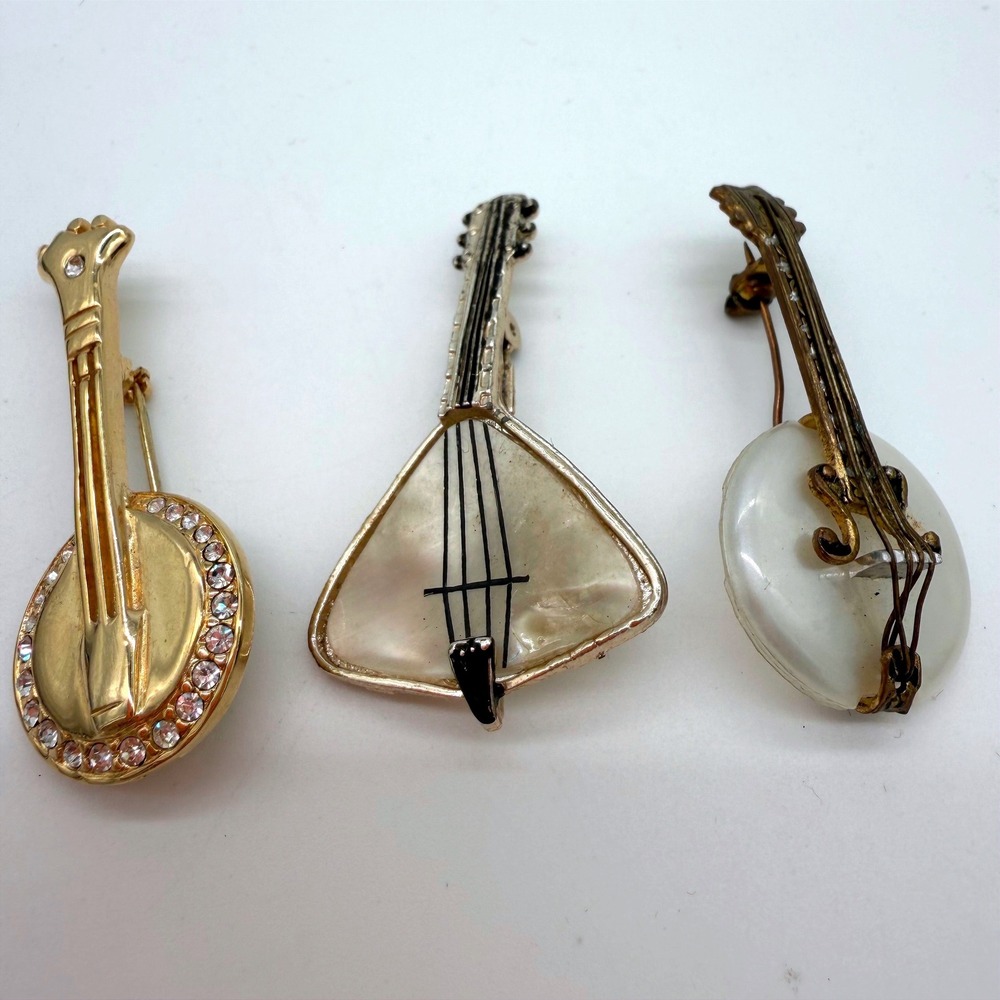 Vintage Musical Instrument Brooch Lot Banjo Violin Lute Pearl Rhinestone